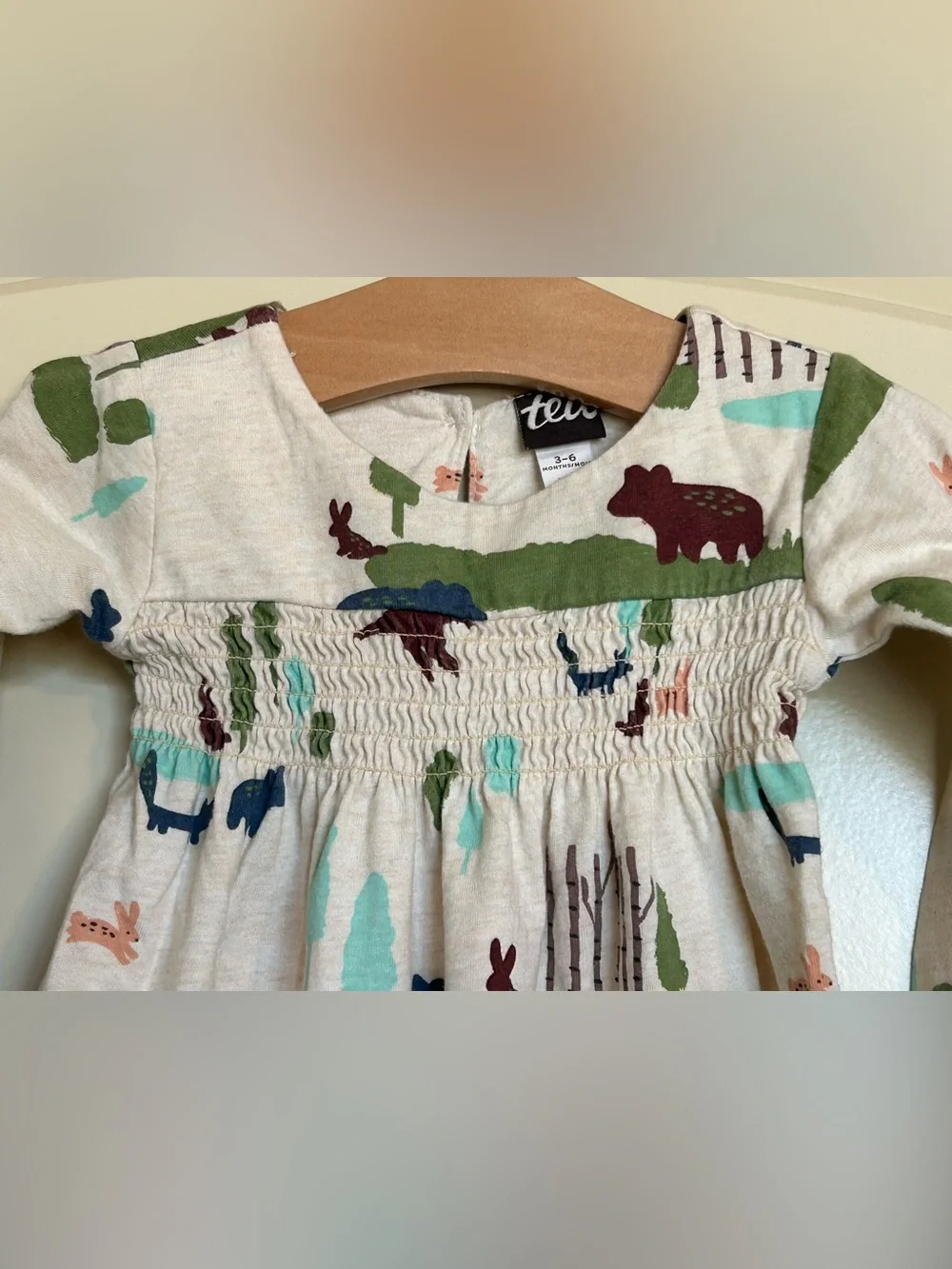 Sz3-6M Tea Collection Woodland Print Smocked Romper